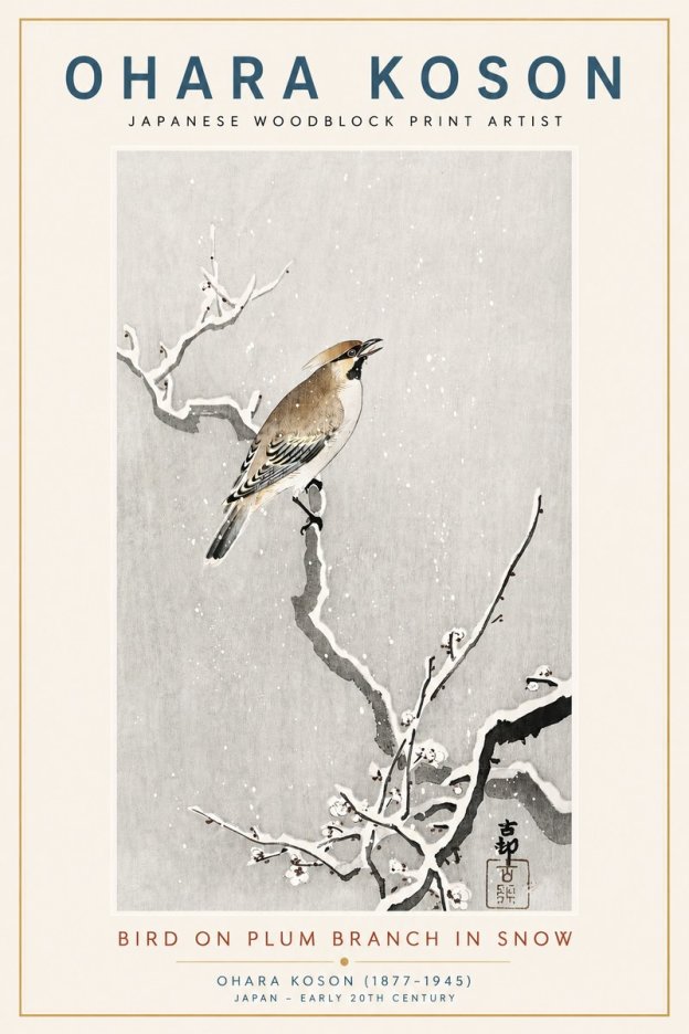Ohara Koson Bird on Plum Branch in Snow No3 - Poszter