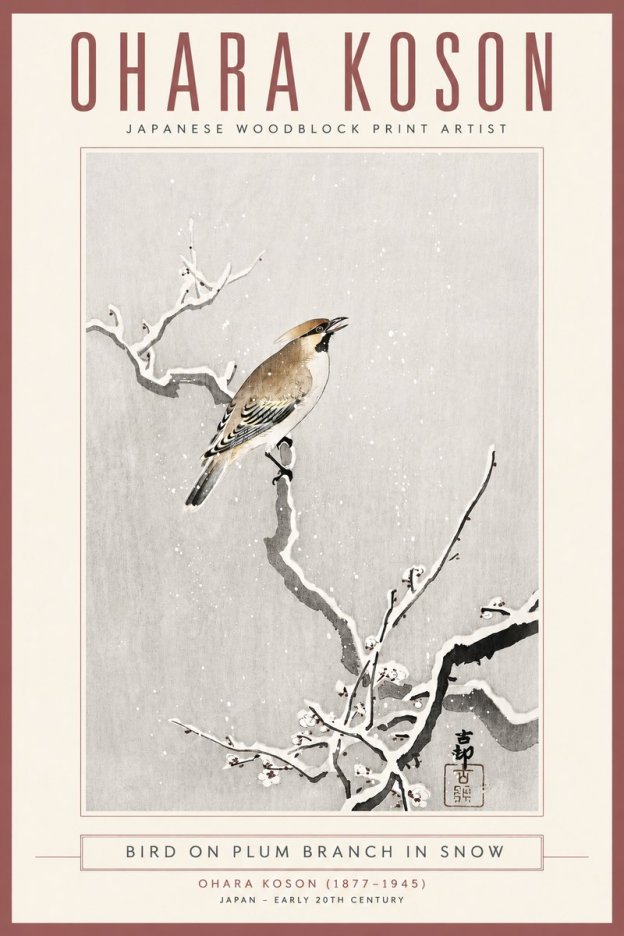 Ohara Koson Bird on Plum Branch in Snow No4 - Poszter
