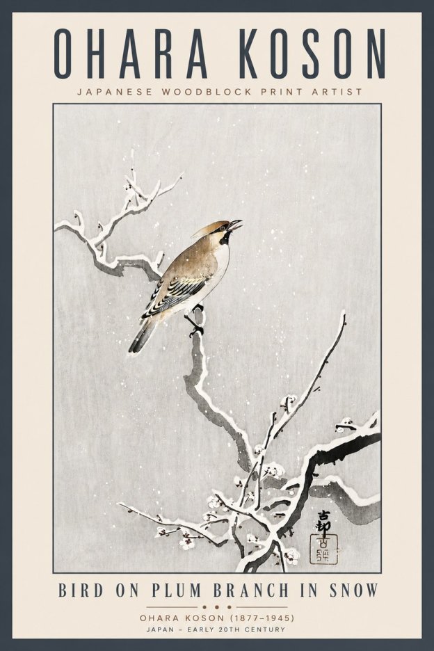 Ohara Koson Bird on Plum Branch in Snow No5 - Poszter