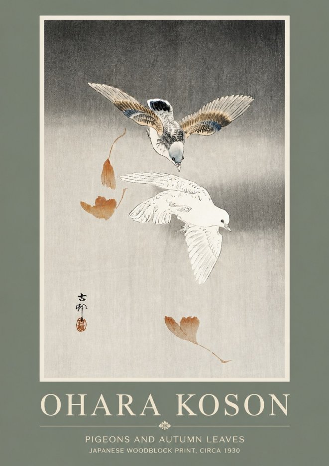 Ohara Koson Pigeons and Autumn Leaves No5 - Poszter