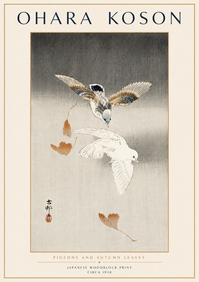 Ohara Koson Pigeons and Autumn Leaves No6 - Poszter