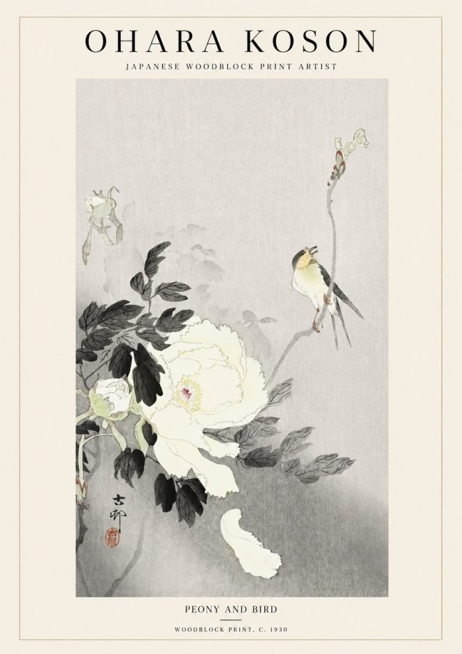 Ohara Koson Peony and Bird No1 - Poszter