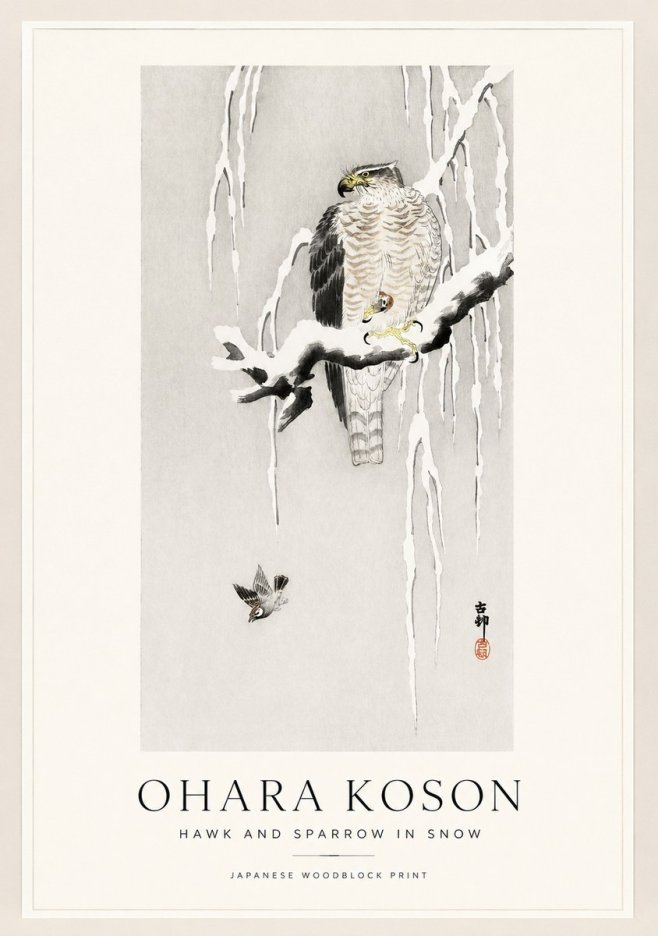 Ohara Koson Hawk and Sparrow in Snow No1 - Poszter