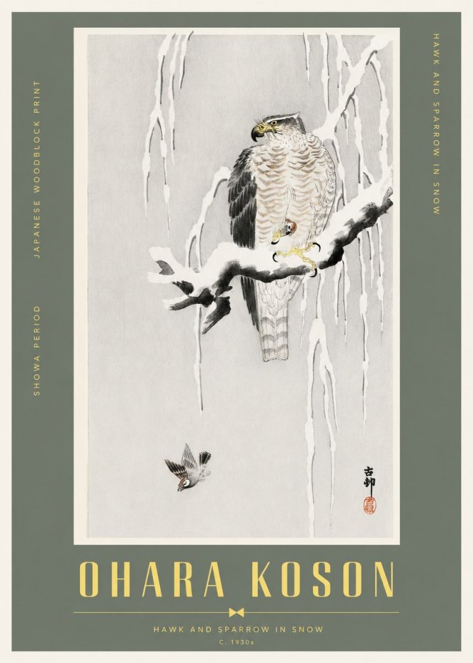 Ohara Koson Hawk and Sparrow in Snow No2 - Poszter
