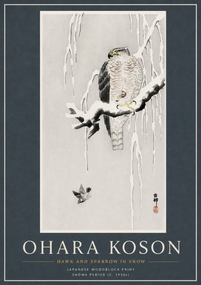Ohara Koson Hawk and Sparrow in Snow No3 - Poszter