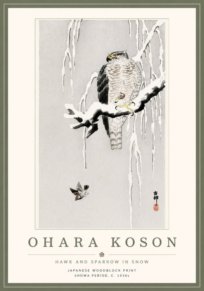 Ohara Koson Hawk and Sparrow in Snow No5 - Poszter