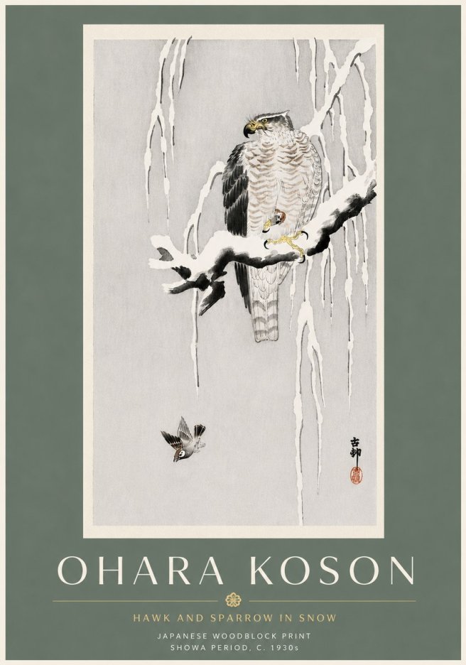 Ohara Koson Hawk and Sparrow in Snow No6 - Poszter