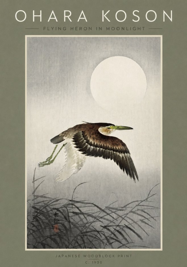 Ohara Koson Flying Heron in Moonlight No2 - Poszter