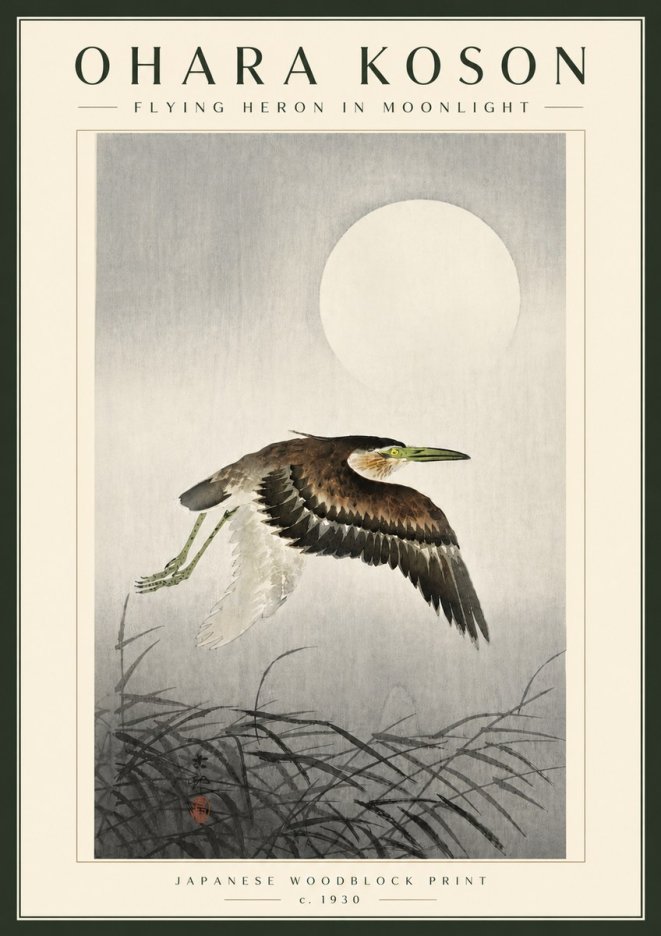 Ohara Koson Flying Heron in Moonlight No5 - Poszter