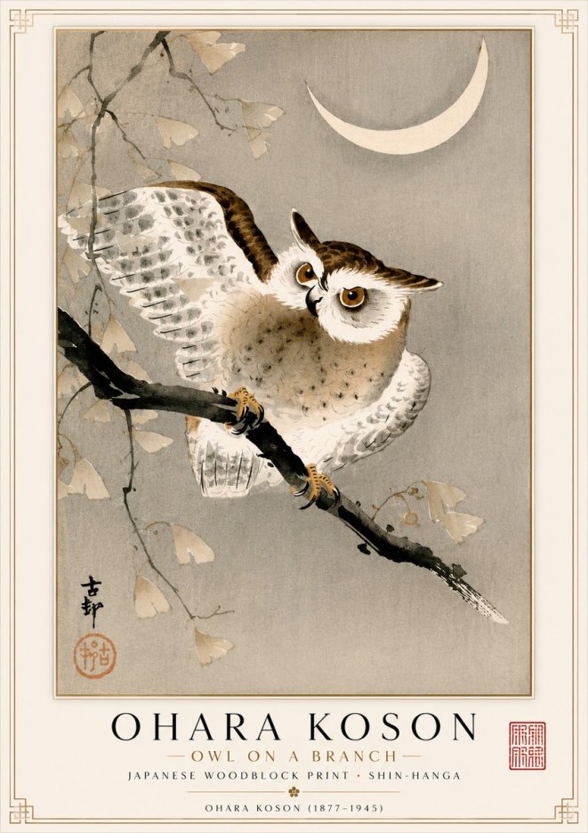 Ohara Koson Owl and Crescent Moon No2 - Poszter