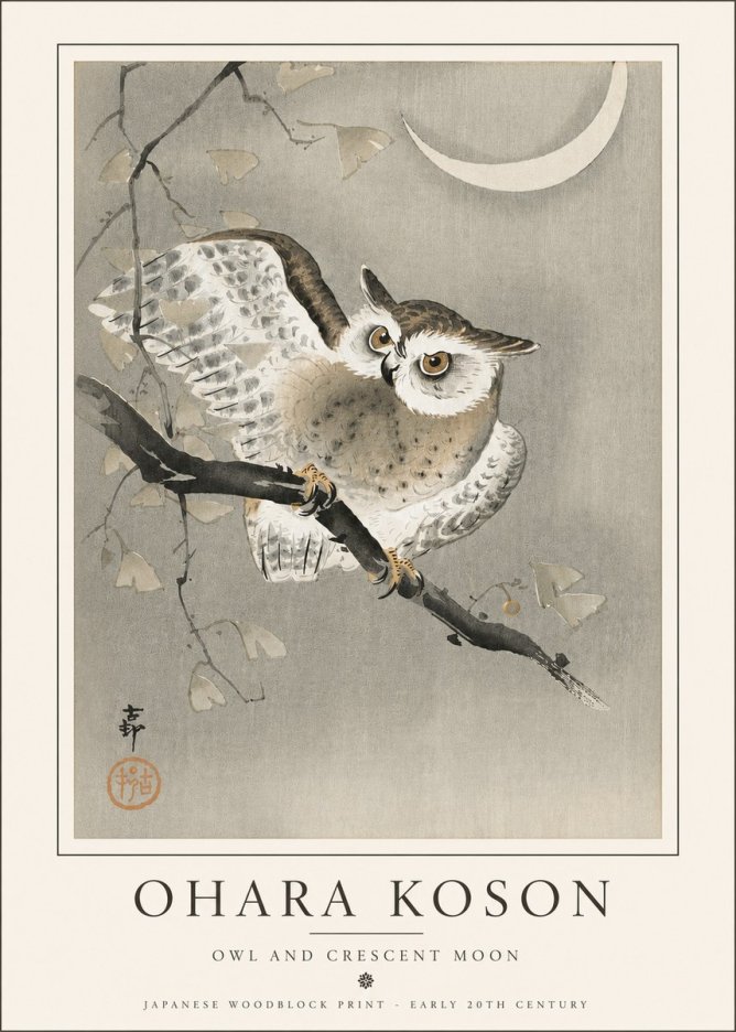 Ohara Koson Owl and Crescent Moon No5 - Poszter
