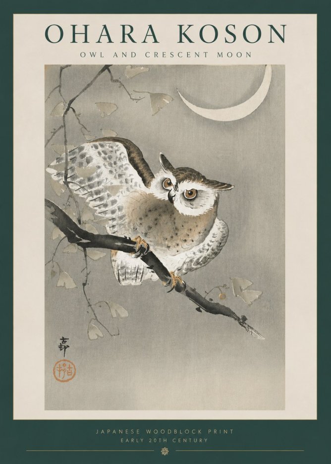 Ohara Koson Owl and Crescent Moon No6 - Poszter