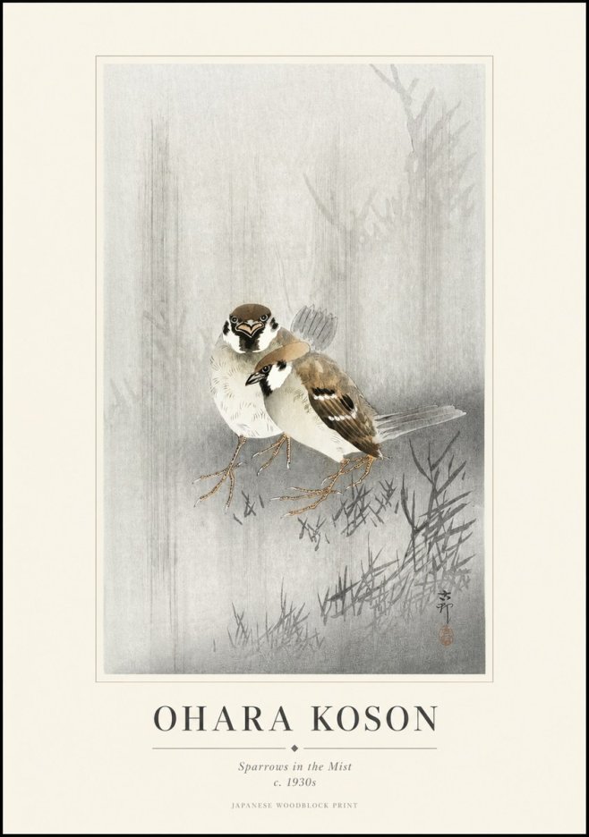 Ohara Koson Sparrows in the Mist No1 - Poszter