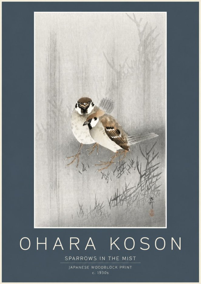Ohara Koson Sparrows in the Mist No2 - Poszter
