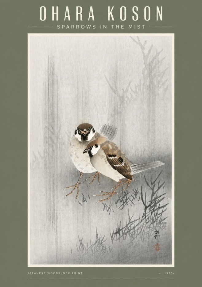 Ohara Koson Sparrows in the Mist No4 - Poszter