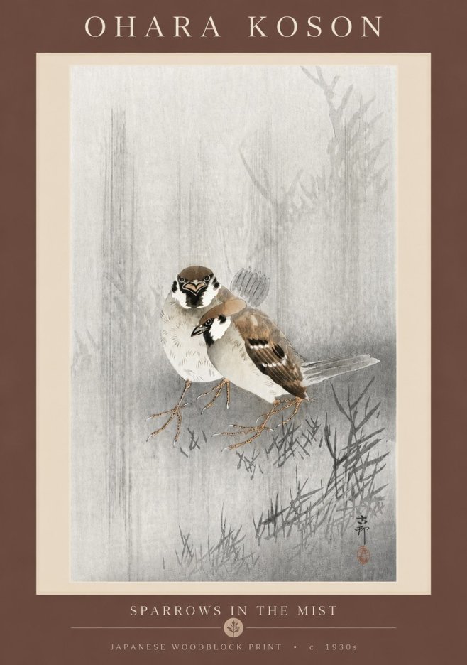 Ohara Koson Sparrows in the Mist No5 - Poszter