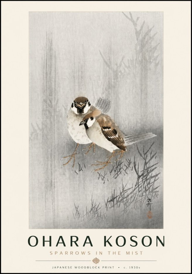 Ohara Koson Sparrows in the Mist No6 - Poszter