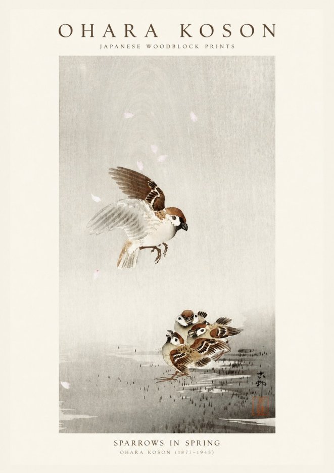 Ohara Koson Sparrows in Spring No1 - Poszter