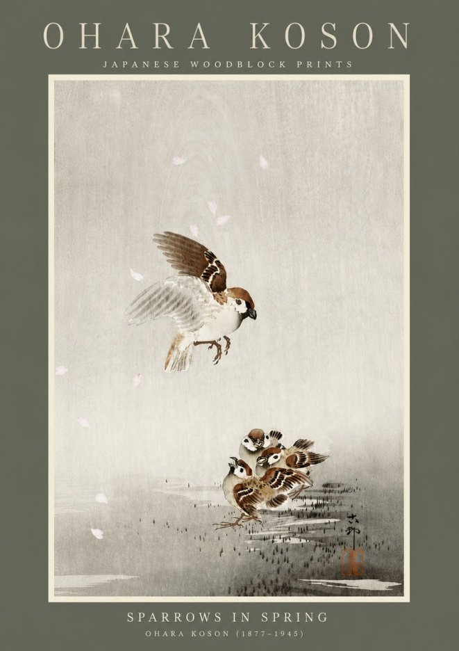 Ohara Koson Sparrows in Spring No4 - Poszter