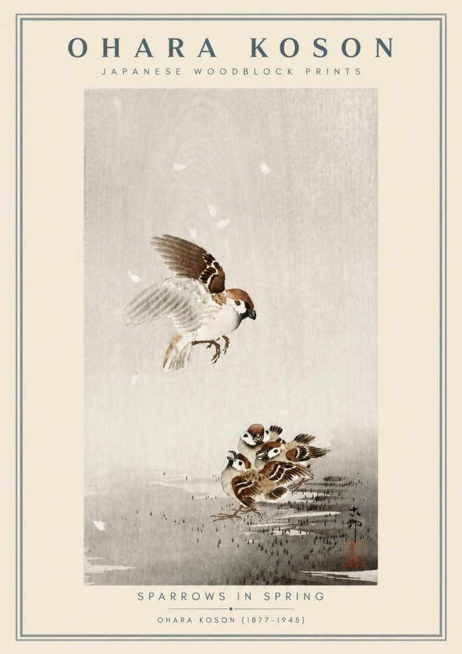 Ohara Koson Sparrows in Spring No6 - Poszter