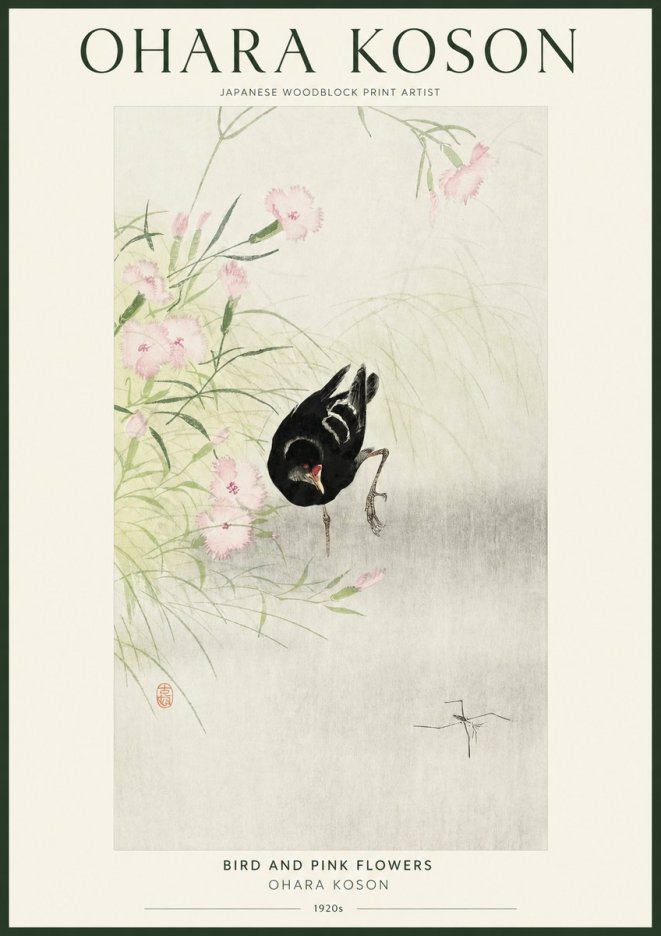Ohara Koson Bird and Pink Flowers No1 - Poszter