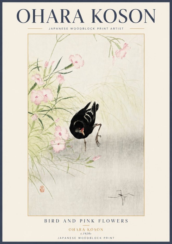 Ohara Koson Bird and Pink Flowers No3 - Poszter