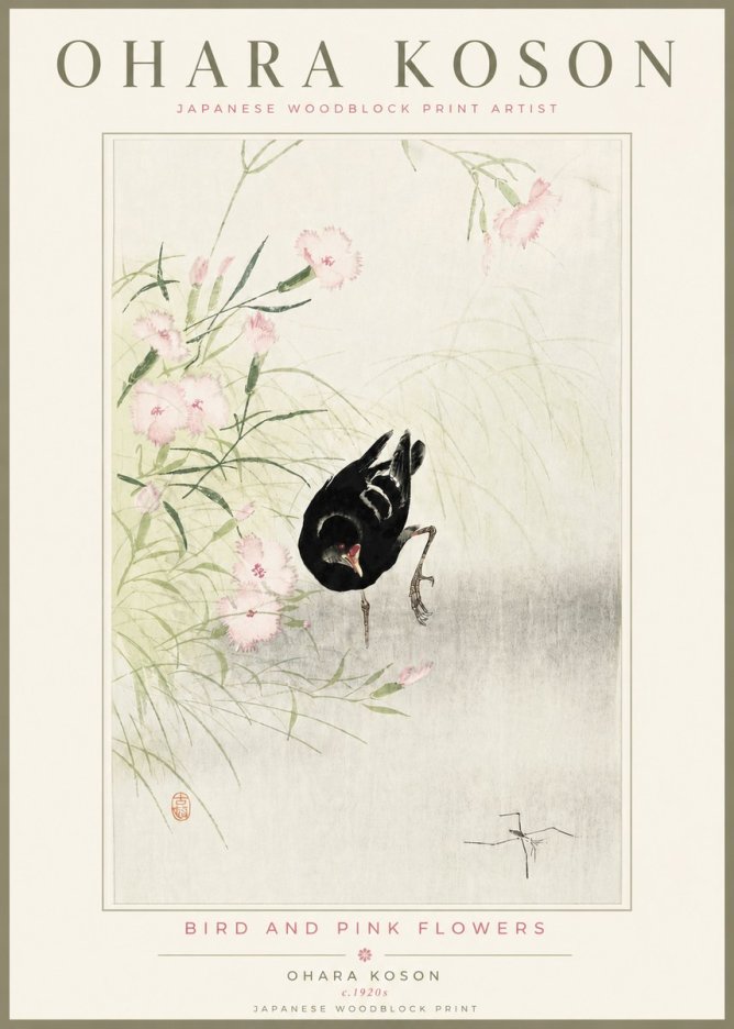Ohara Koson Bird and Pink Flowers No4 - Poszter
