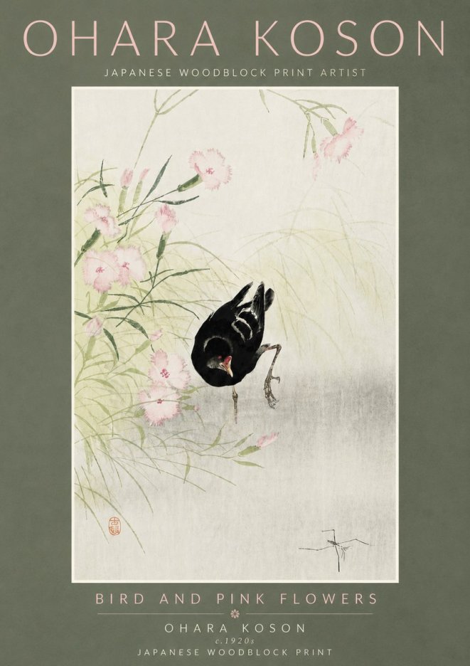 Ohara Koson Bird and Pink Flowers No5 - Poszter