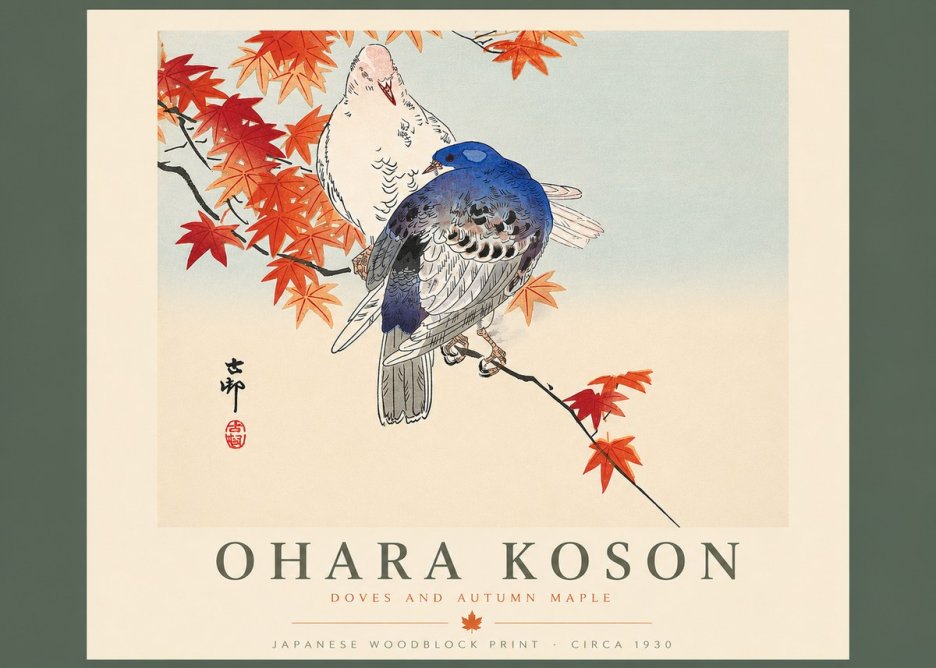 Ohara Koson Doves and Autumn Maple No4 - Poszter