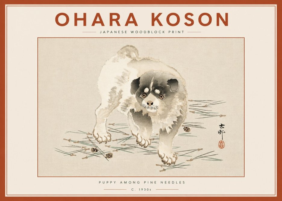 Ohara Koson Puppy Among Pine Needles No6 - Poszter