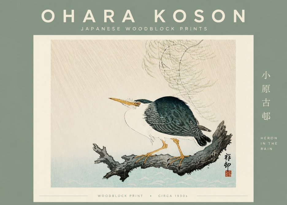 Ohara Koson Heron in the Rain No6 - Poszter
