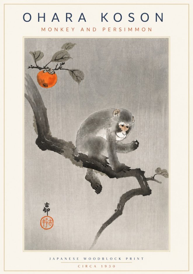 Ohara Koson Monkey and Persimmon No4 - Poszter