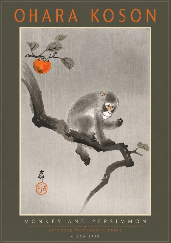 Ohara Koson Monkey and Persimmon No5 - Poszter