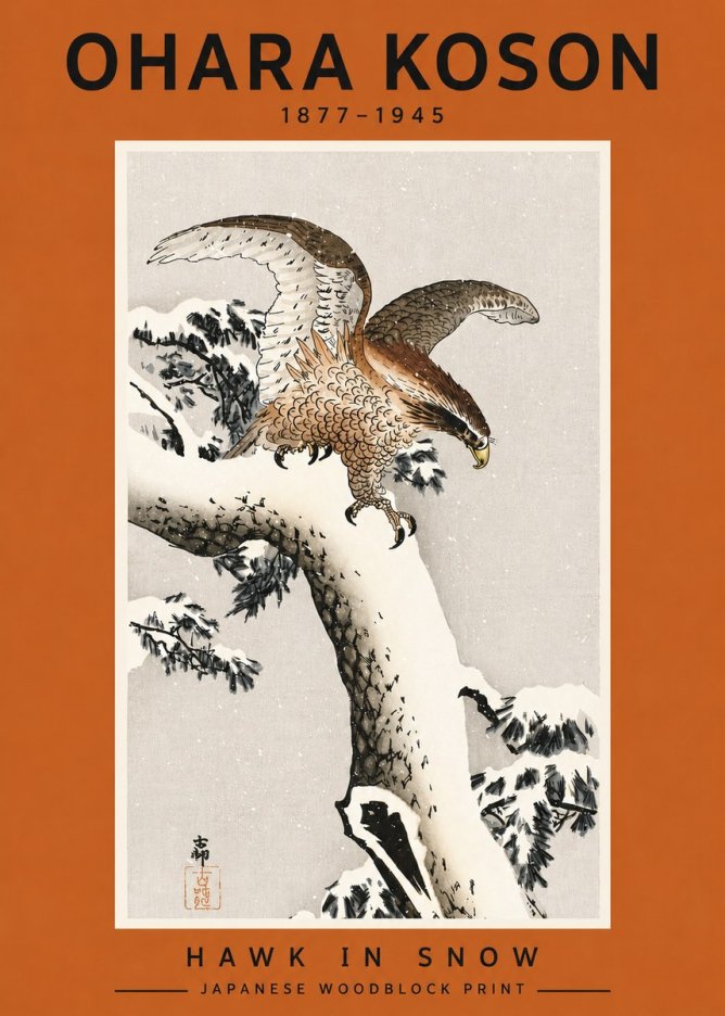 Ohara Koson Hawk in Snow No4 - Poszter
