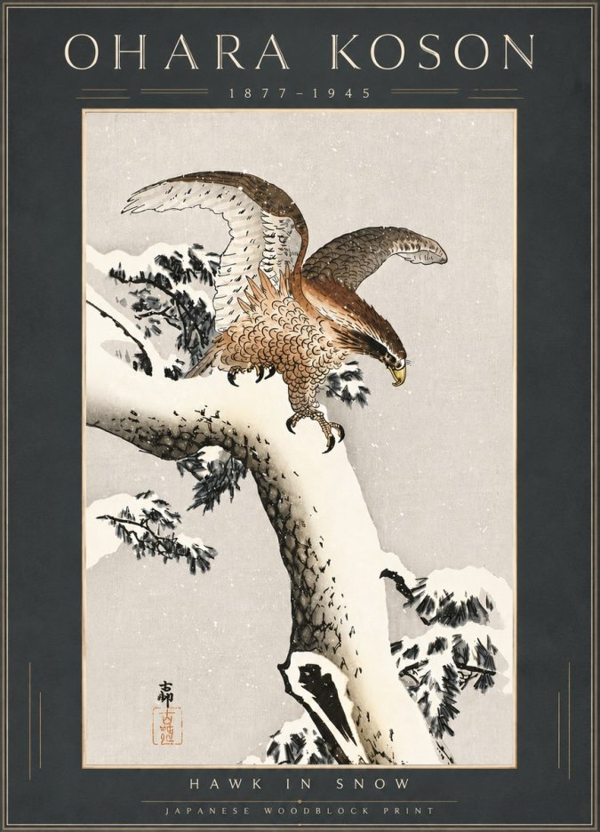 Ohara Koson Hawk in Snow No6 - Poszter
