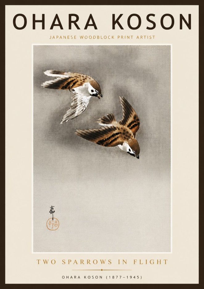 Ohara Koson Two Sparrows in Flight No6 - Poszter