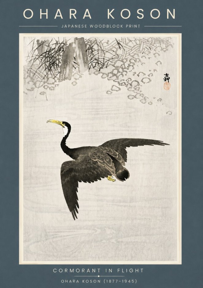 Ohara Koson Cormorant in Flight No6 - Poszter