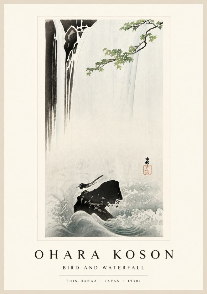 Ohara Koson Bird and Waterfall No1 - Poszter