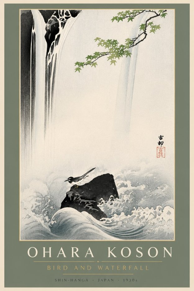 Ohara Koson Bird and Waterfall No2 - Poszter