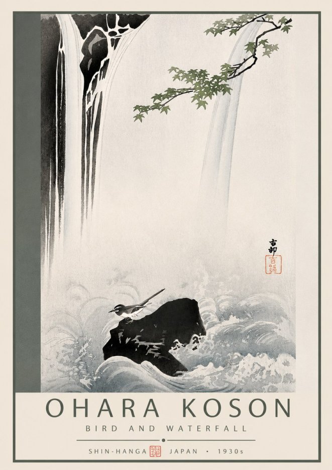 Ohara Koson Bird and Waterfall No3 - Poszter