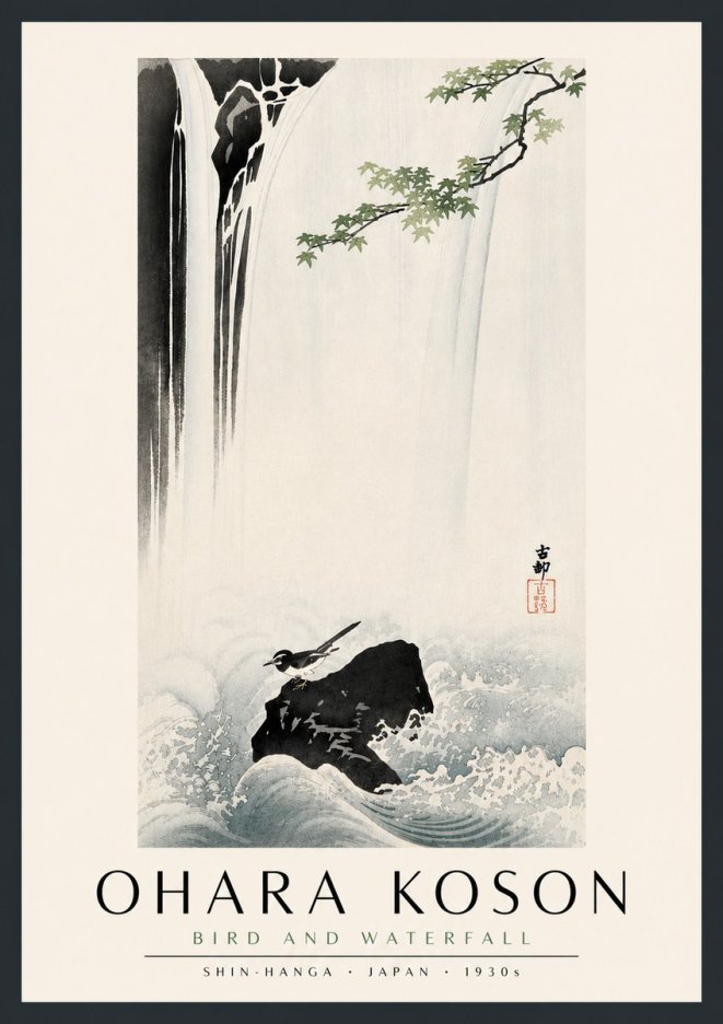 Ohara Koson Bird and Waterfall No5 - Poszter
