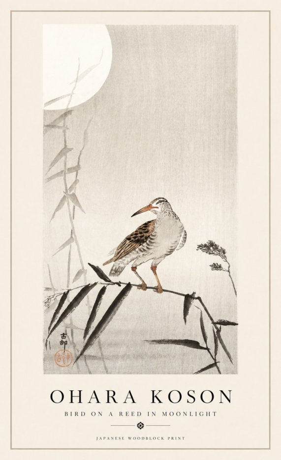 Ohara Koson Bird on a Reed in Moonlight No1 - Poszter