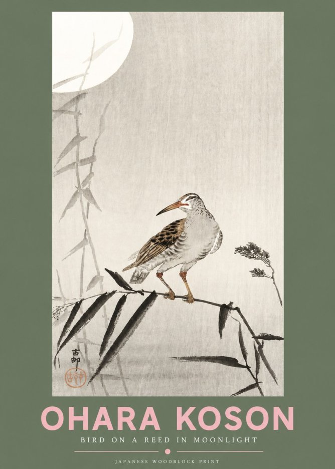 Ohara Koson Bird on a Reed in Moonlight No3 - Poszter