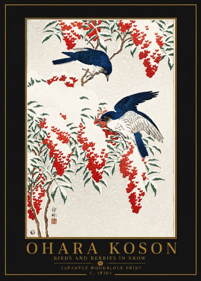 Ohara Koson Birds and Berries in Snow No6 - Poszter