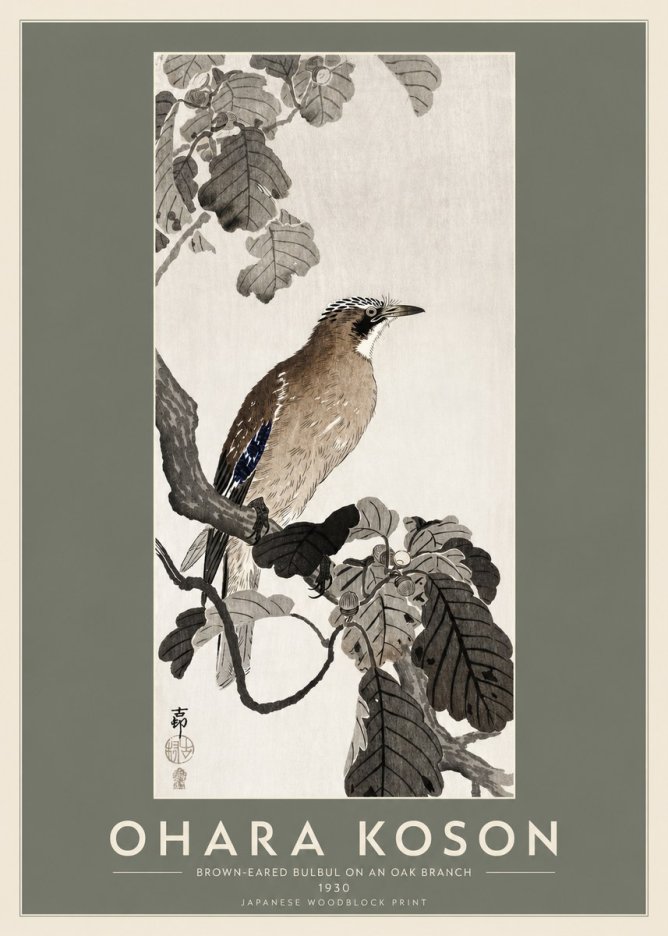 Ohara Koson Brown-eared Bulbul on an Oak Branch No2 - Poszter