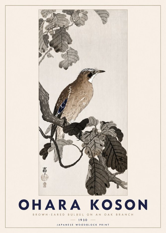 Ohara Koson Brown-eared Bulbul on an Oak Branch No3 - Poszter