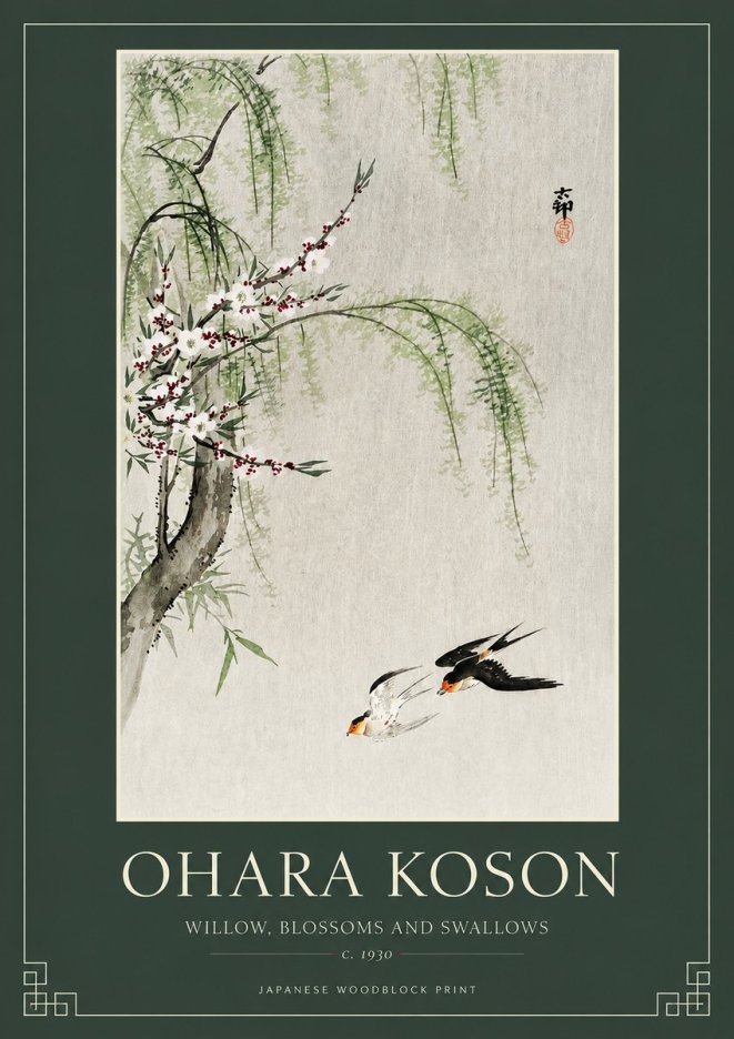 Ohara Koson Willow, Blossoms and Swallows No2 - Poszter