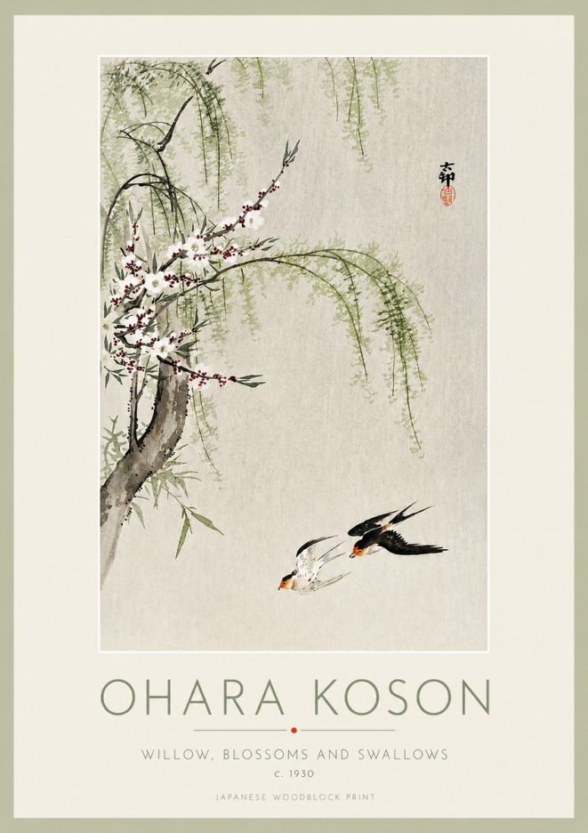 Ohara Koson Willow, Blossoms and Swallows No3 - Poszter