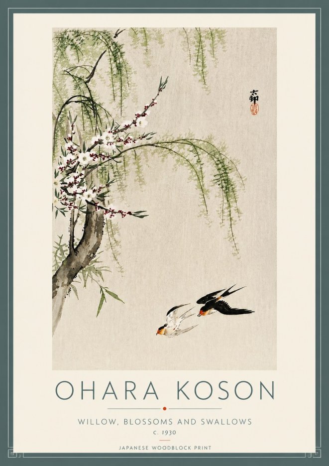 Ohara Koson Willow, Blossoms and Swallows No4 - Poszter