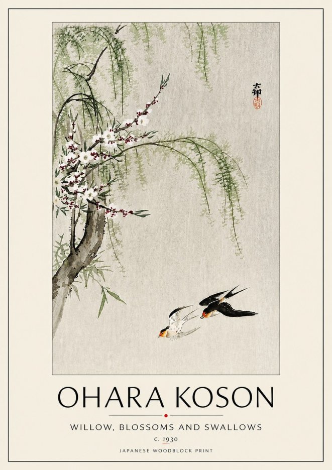 Ohara Koson Willow, Blossoms and Swallows No5 - Poszter